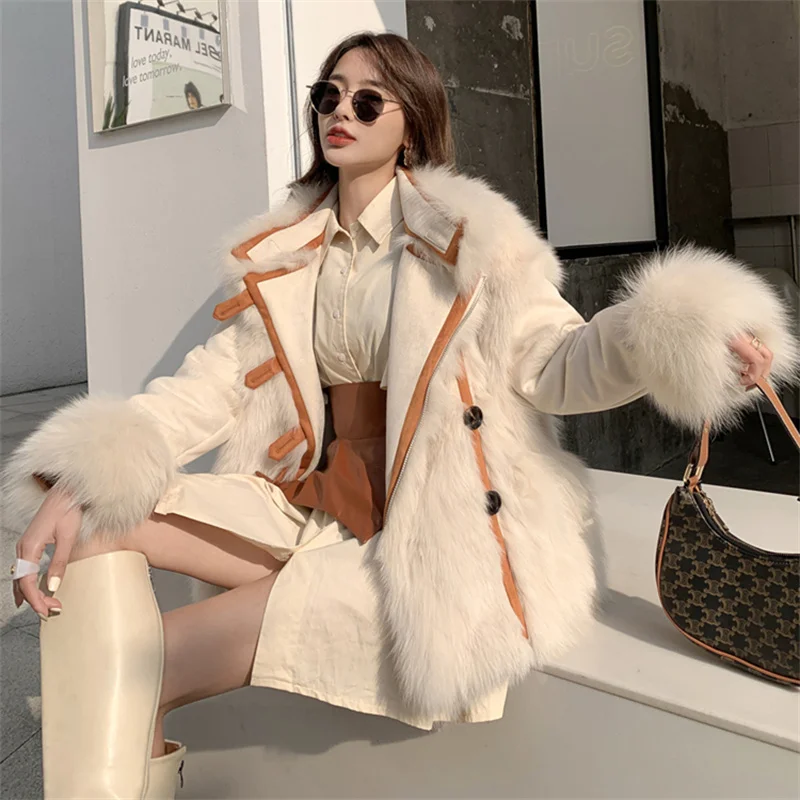 

Faux Fox Fur Coat Women Double Faced Fashion Stitching Warmth Clothing 2022 New Winter Short Slim Jacket Female Chic Temperament