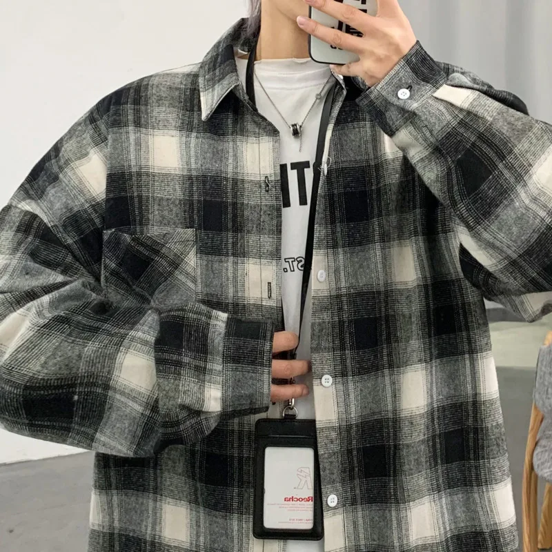 

Spring Plaid Shirt Men Fashion Retro Casual Shirt Wild Loose Long Sleeve Shirts Mens Streetwear Society Men Dress Shirt