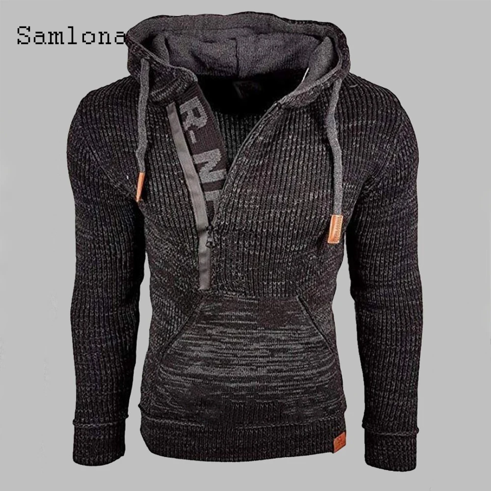 

Samlona New Autumn Winter Sweater Tops European American Pocket Knitwear Men Casual Pullovers Knitted Sweater Man Clothing 2021