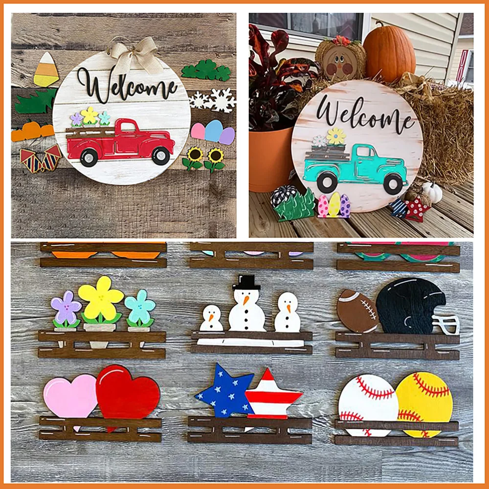 

1 Set Red Car Design Hanging Board Ornament Door Christmas Welcome Wreath