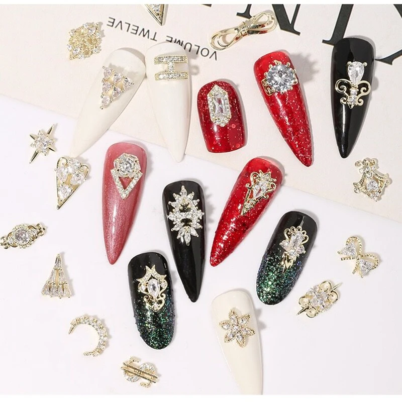 10 шт. Роскошные Очаровательные циркониевые 3D украшения для ногтей из золотого