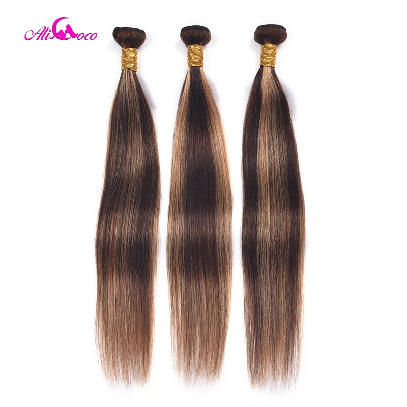 Feixes de Cabelo Osso em Linha Marrom com Destaque Coco Ombre Brasileiro Reta Humano p4 - 30 Cor Remy Feixes Tecer Cabelo Ali 2 Apliques e perucas