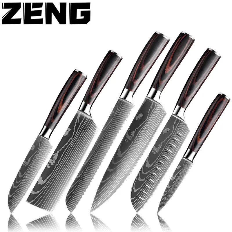 

ZENG Kitchen Knife Set Japanese Chef Knives Stainless Steel Cleaver Butcher Santoku Knife Tool Laser Damascus Pattern Blade New