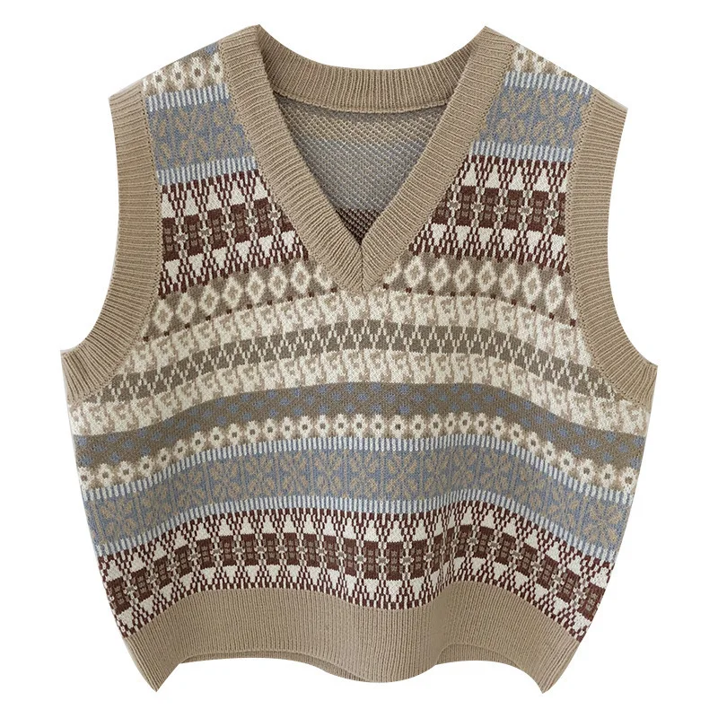 

Women Sweater Vests Print Argyle V-neck Sleeveless Retro Classic Casual Oversize Stylish Korean Harajuku Womens Vest Streetwear