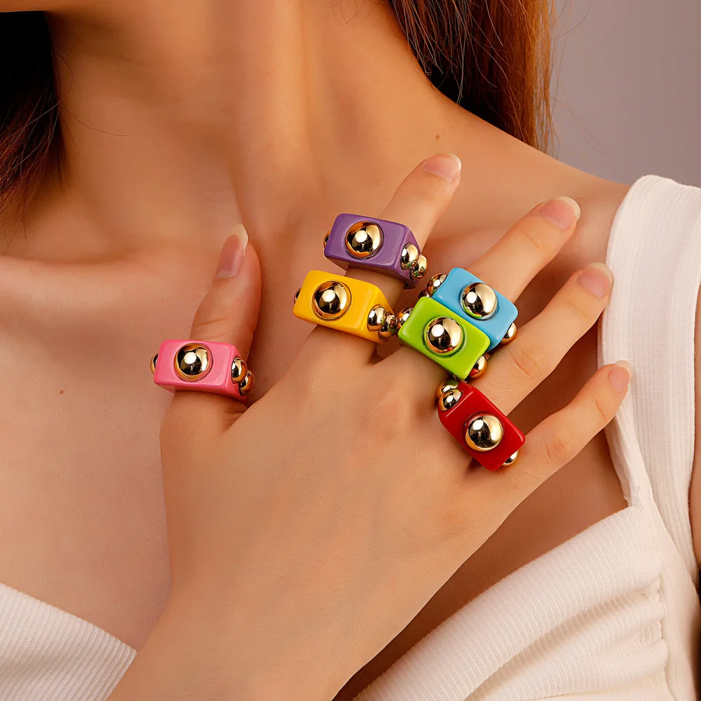 

1pc 3cm Colorful Resin Rings For Women Acrylic Crystal Korean Cute Geometric Golden Bead Irregular Square Rings Trendy Jewelry