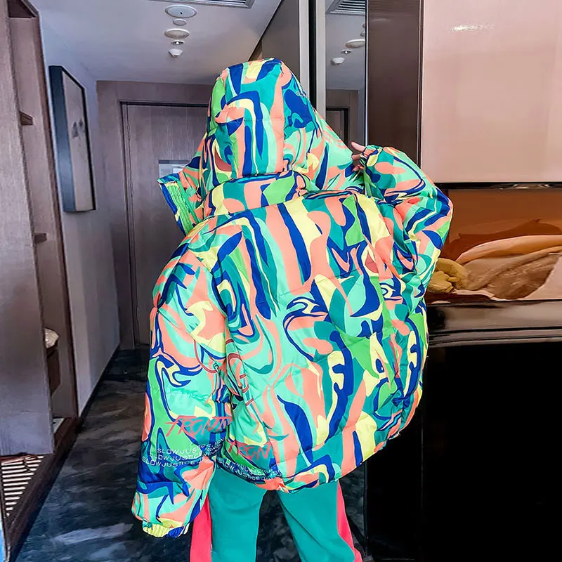Fashion Printed Graffiti Women's Jacket Warm Winter Short Hooded Parka 2021 New Girls Coat Casual Loose Thick Female Down Jacket