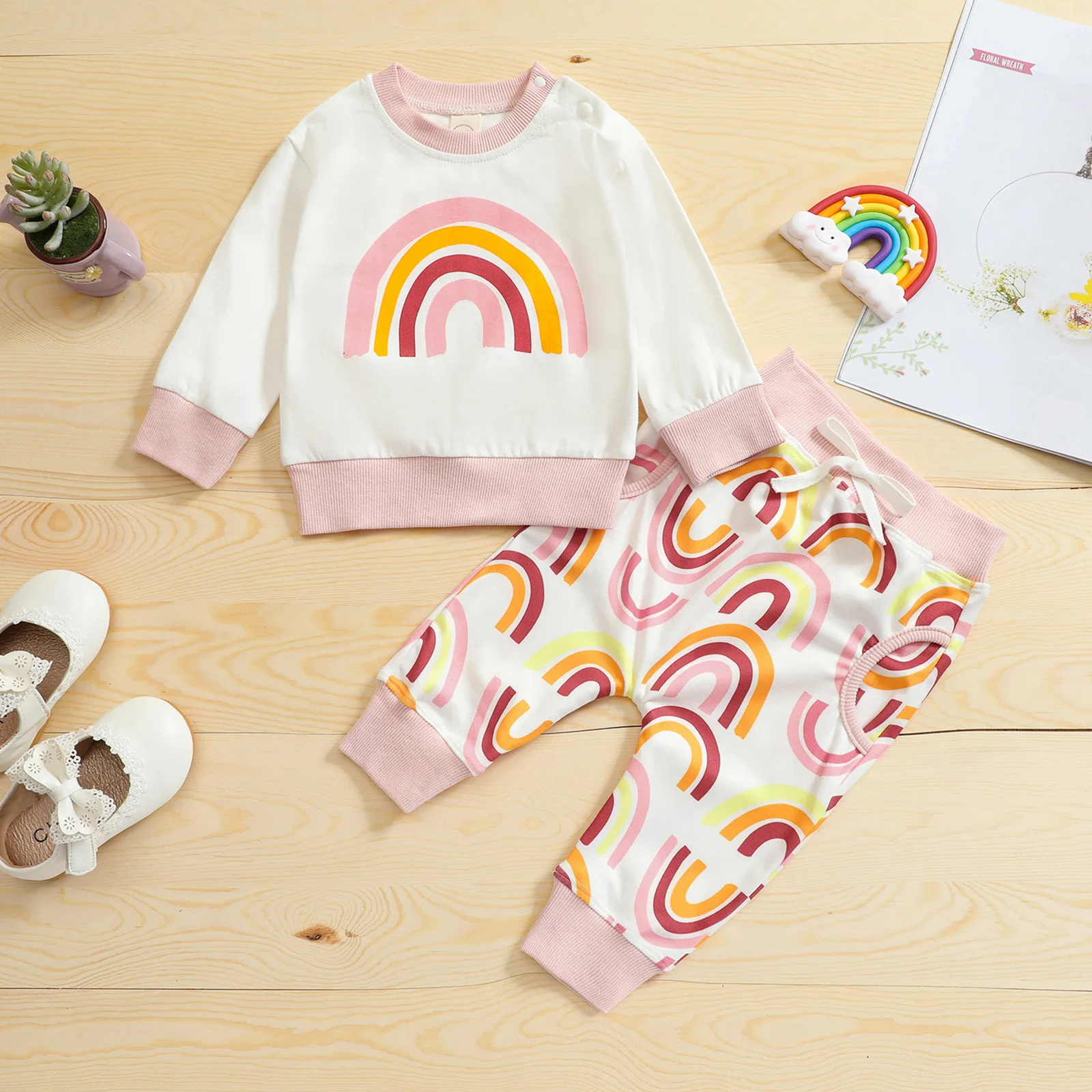 

0-3Y Baby Girls Clothes Set 2Pcs Autumn Rainbow Print Long Sleeve O-neck Pullover + Drawstring Waist Trousers Outfits