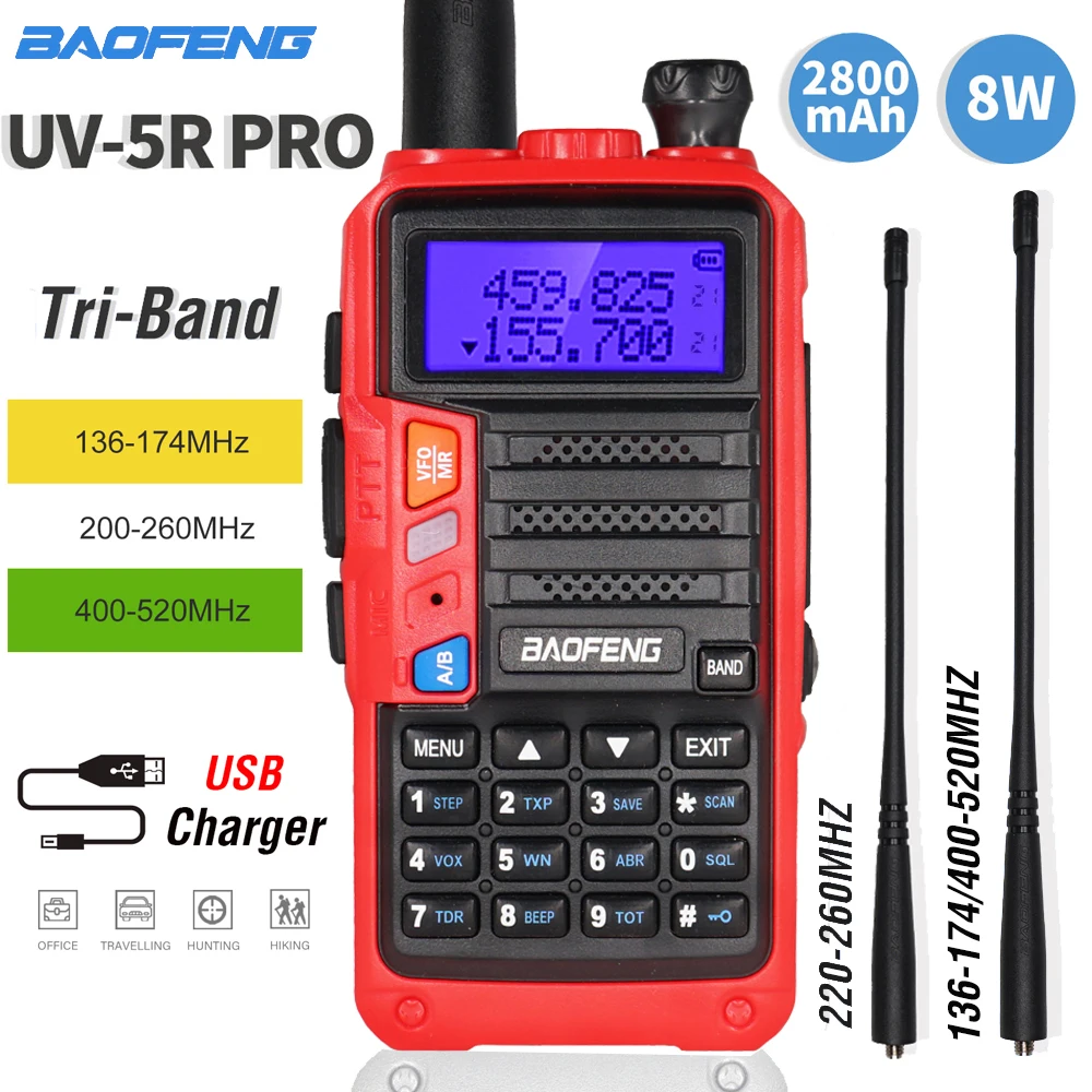 

Baofeng UV5R Pro Walkie Talkie 8W Powerful Tri-band 220-260MHz Two Way Radio HF FM Transceiver UV 5R Upgrade Portable Ham Radio