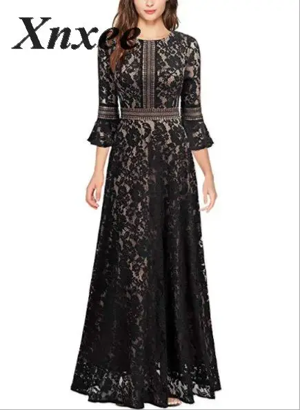 Женское элегантное осеннее Новое Кружевное Свободное длинное тонкое платье Vestido de novia