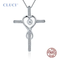 cluci sterling silver 925 pearl necklace pendant mounting for women cz cross pendant charms pearl jewelry sp428sb