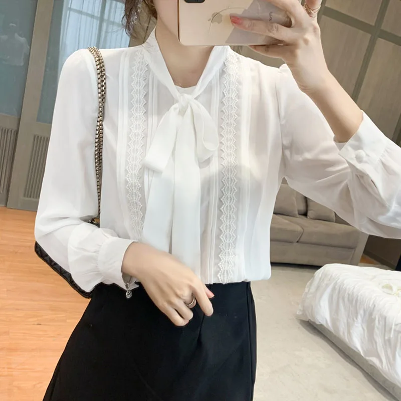 Женская шифоновая блузка с длинным рукавом элегантная кружевная бантом из ленты