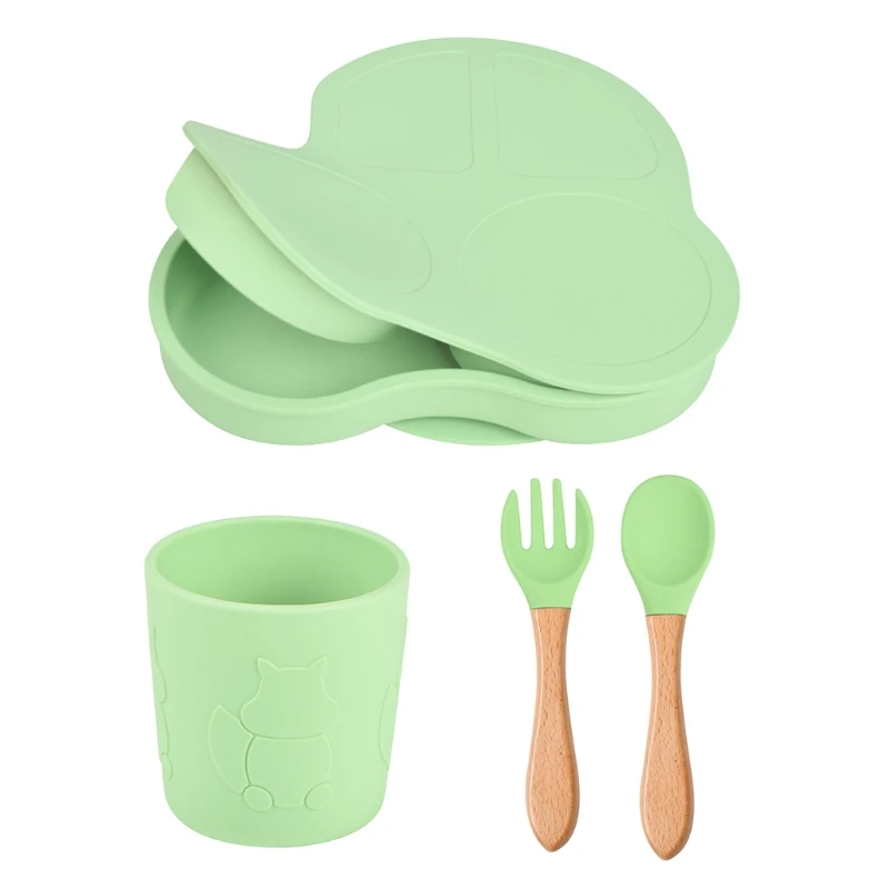 

28EC Toddler Baby Food Grade Silicone Tableware Set Car Shape Self Feeding Divided Suction Plate Dish with Lid Spoon Fork Cup