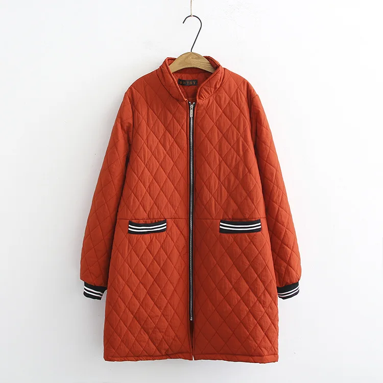 

2021 Collarless Winter Crop Rhombic Long Cotton Jacket Warm Jacket Neutral Orange Black Casual Large Cotton Wide-waisted Coat