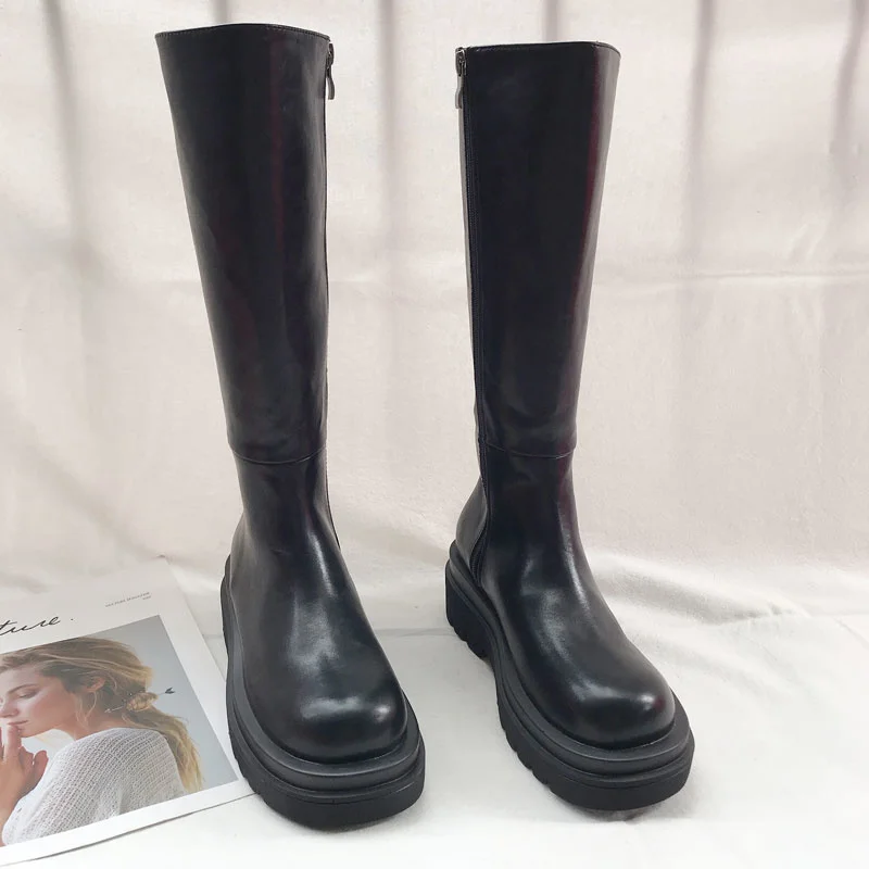 

Increased Thick-soled Chelsea Knee High Black Genuine Leather Knight Boot Handsome Locomotive Motorcycle Boots Shoes Woman