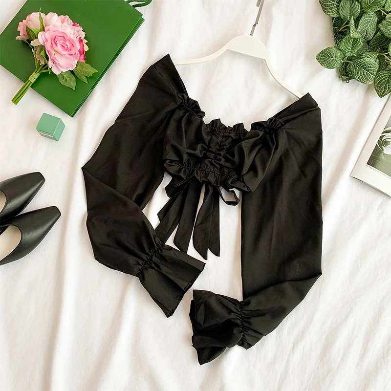 

2020 new fashion women's adult clothing sexy wooden ear V-neck puff sleeve high waist temperament short shirt shirt chiffon