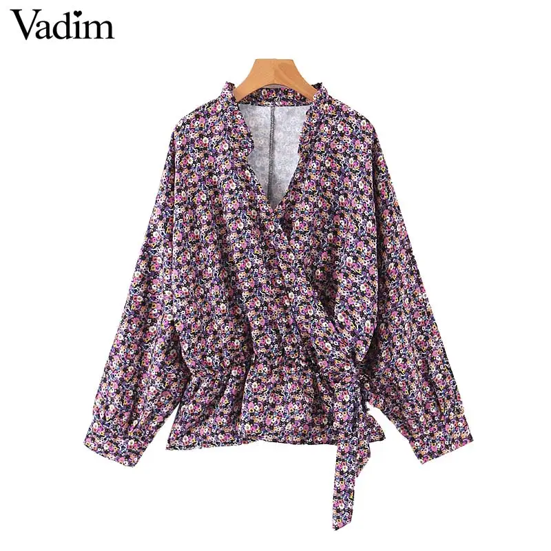 Vadim Женская Ретро Цветочная блузка с крестиком V шейный галстук бабочка пояса