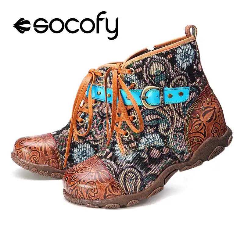 SOCOFY/женские ботильоны из натуральной кожи с кружевной пряжкой; удобные теплые ботильоны на плоской подошве; винтажные ботильоны в богемном стиле; Женская Осенняя обувь