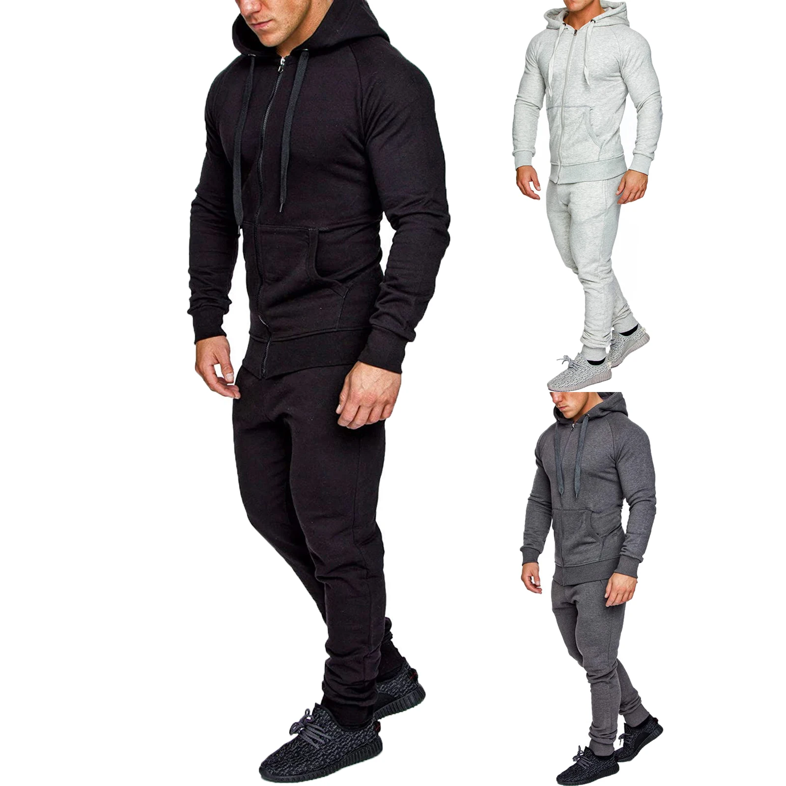 

Men Casual Tracksuits Outfits Long Sleeve Rib Cuffs Front Zipper Hoodie Drawstring Pants with Pocket Sportswear