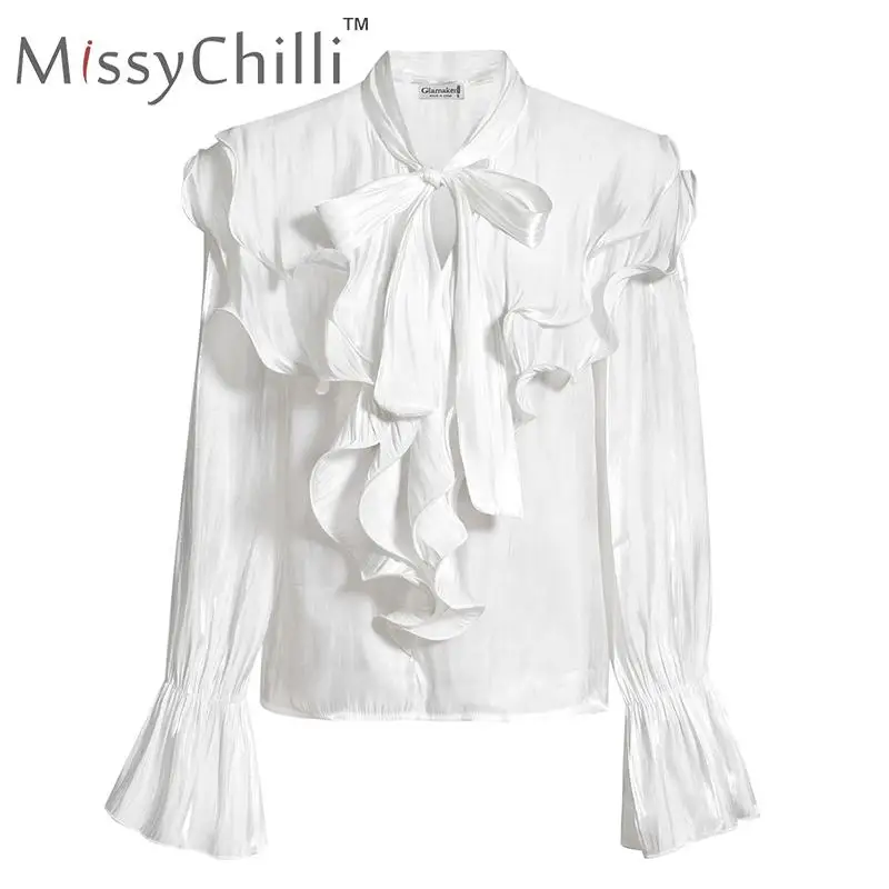 MissyChilli Ruffle patchwork white women office blouse shirt Sexy bow tie flare sleeve club short top Vintage female | Женская одежда