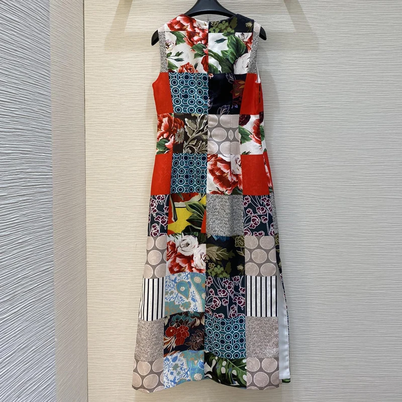 

2021 Summer Fashion Women Runway Designers Sleeveless Print Color Block Vintage Midi Dress Holiday Party Vestidos