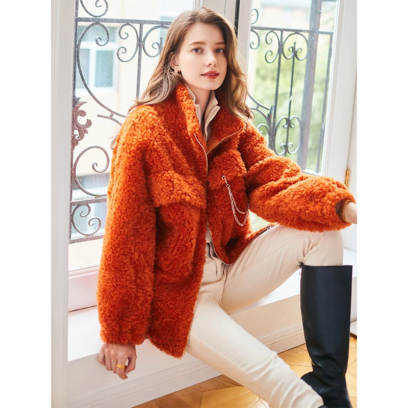 

SHUCHAN Coats and Jackets Women 2021 Wool Winter Zipper Thick Warm Fur Wide-waisted High Street Pockets Pre-sale Orange