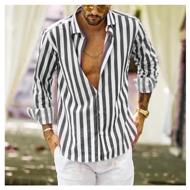 Camisa de invierno para hombre moda Vertical rayada ajustada манга larga Повседневный botón abajo camisa vestir