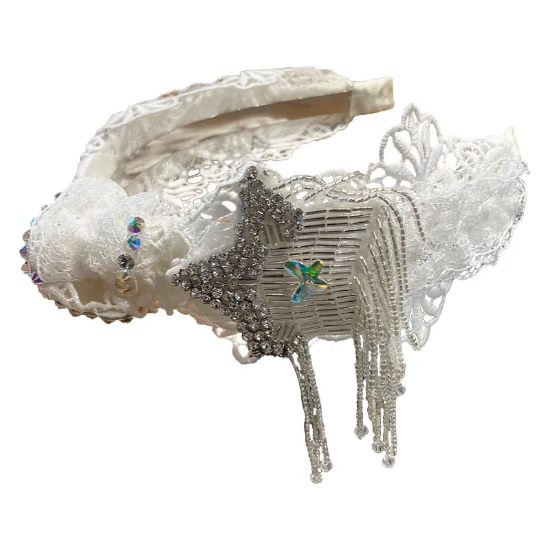 

2021 white fringed lace headband fairy style ins wild temperament inlaid drill headband sweet hair card female