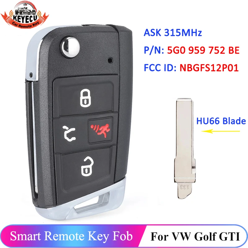 

KEYECU 3+1 4 Button P/N: 5G0 959 752 BE ASK 315MHz Smart Key MQB AES Chip for VW 2015-2020 Golf GTI NBGFS12P01 HU66 with Recess