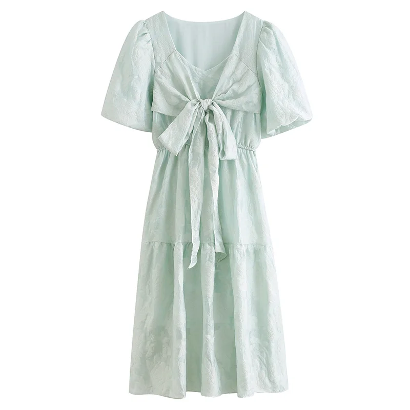 

Film has not below ~ Xia Xinfang Bubble bind bowknot flower dress with short sleeves