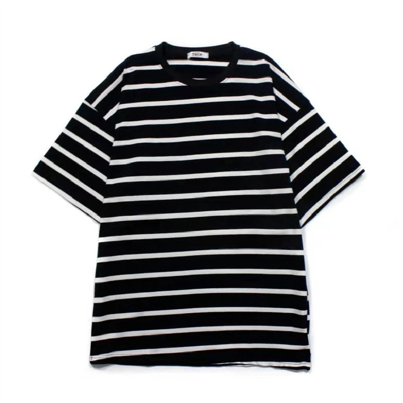 

Summer Korean retro striped loose wild o neck short-sleeved T-shirt women