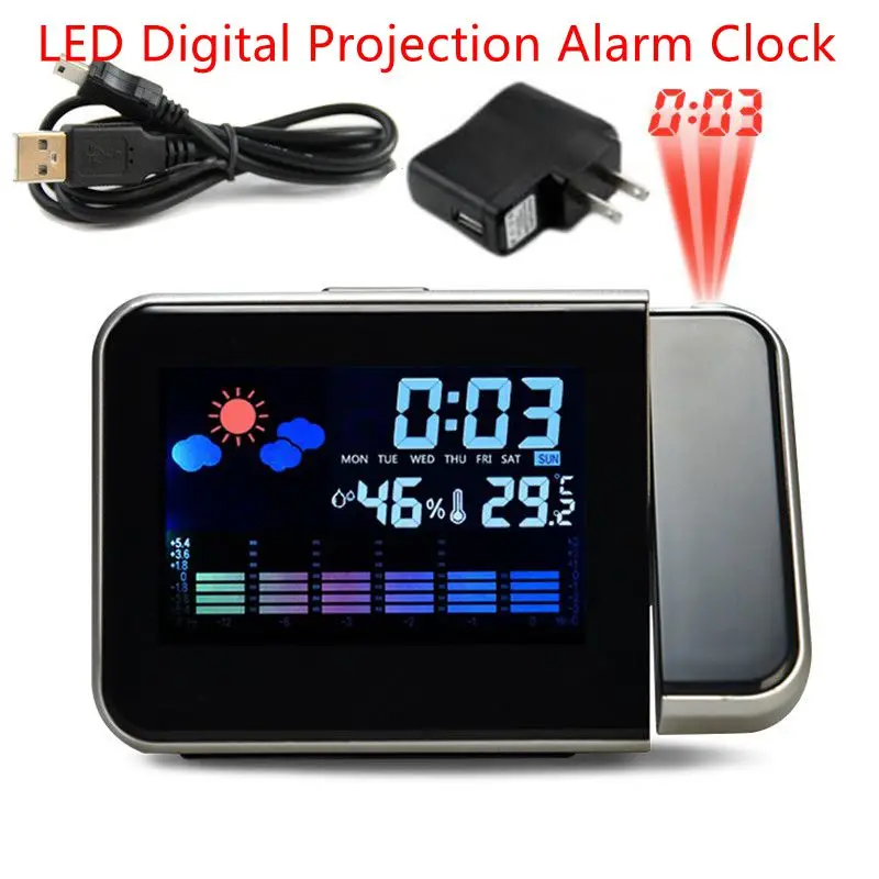 LED Digital Projection Alarm Clock Temperature Thermometer Desk Time Date Display Projector Calendar Table Led USB Charger | Дом и сад