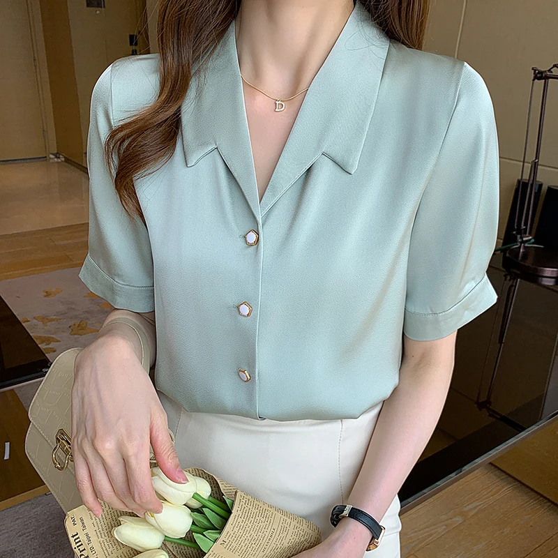

Summer Korean Fashion Satin Women Shirts Turn-down Collar Office Lady Button Up Blouse Black White Blouse Women