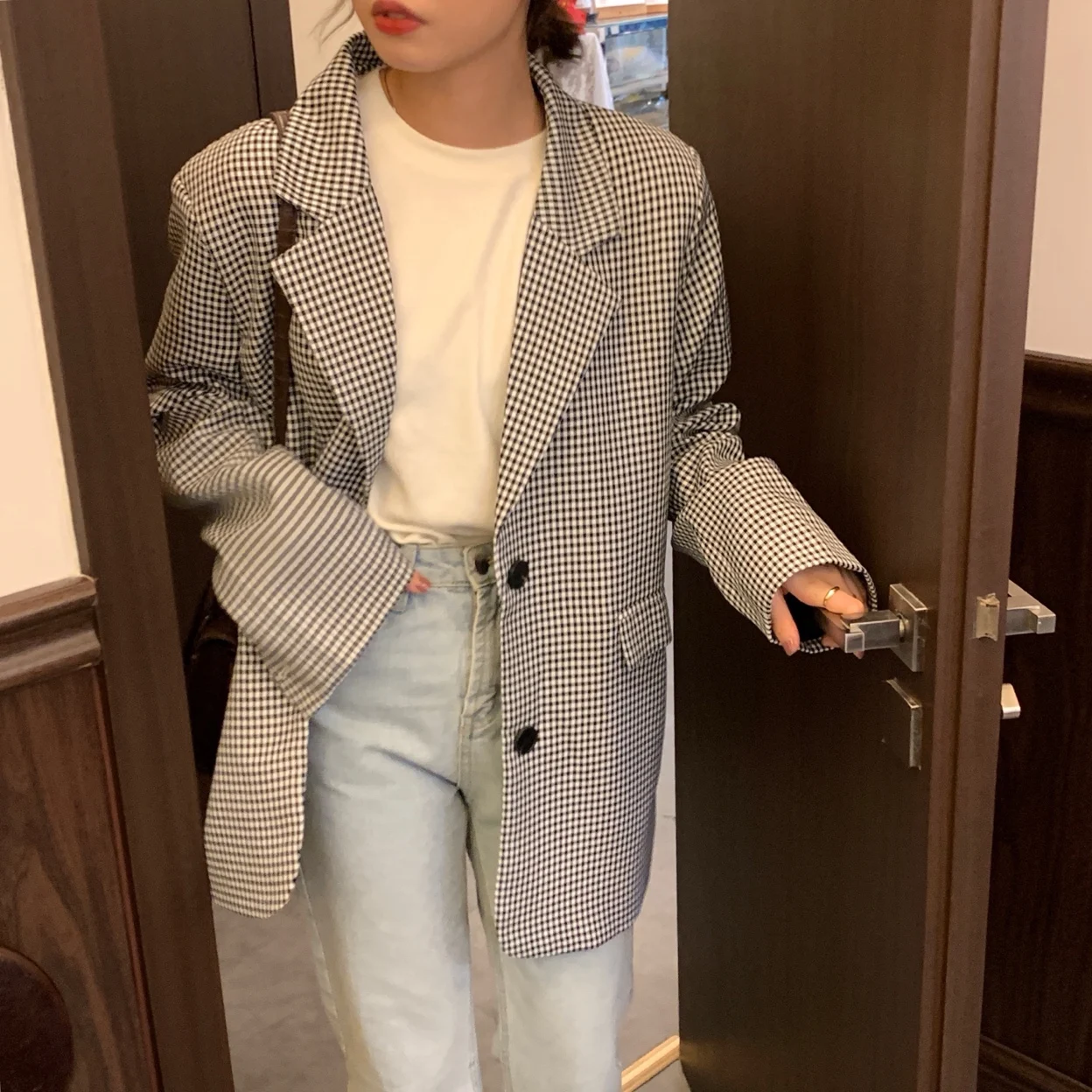 

New 2021 Autumn Winter Women's Blazers Plaid Buttons Pockets Jackets Checkered Vintage Oversize Lady Wild Tops