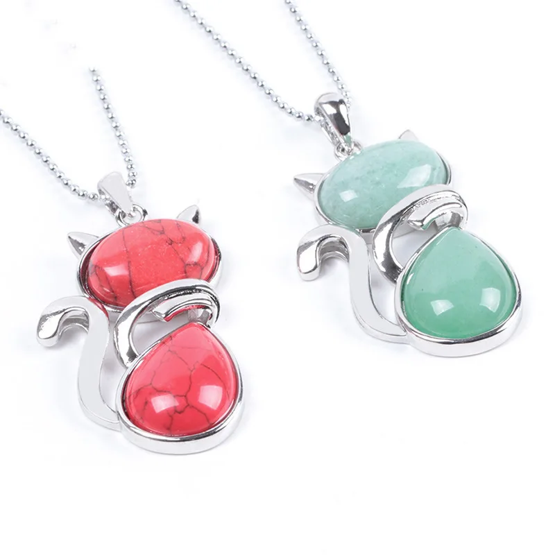 Натуральный кристалл камень Модный кулон с милым котом ожерелье для женщин