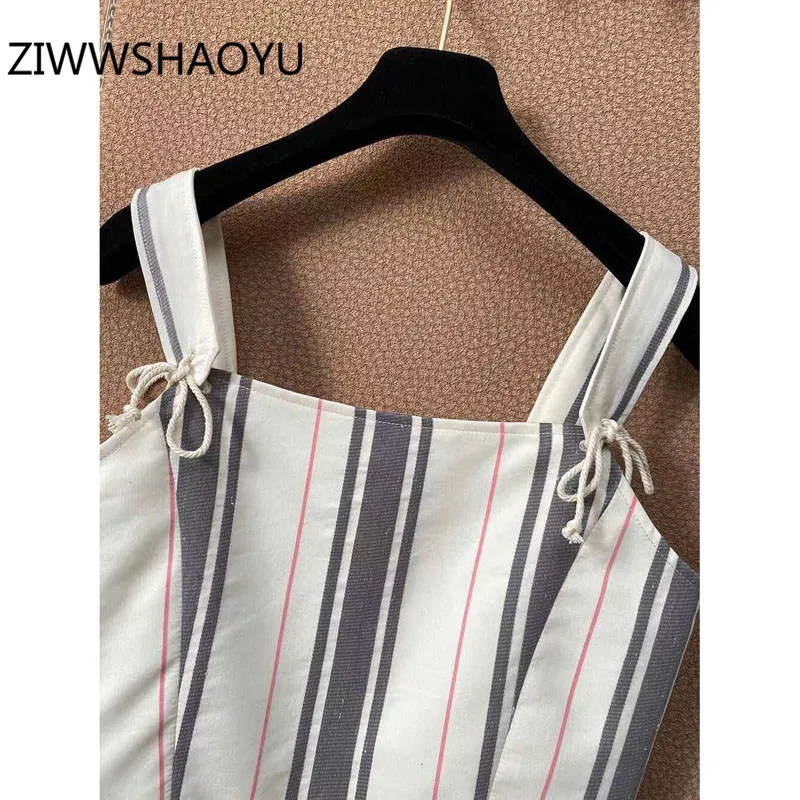 ZIWWSHAOYU Fashion Women Summer Runway Tank Tops Sexy Lace Up Striped Print Camis 2021