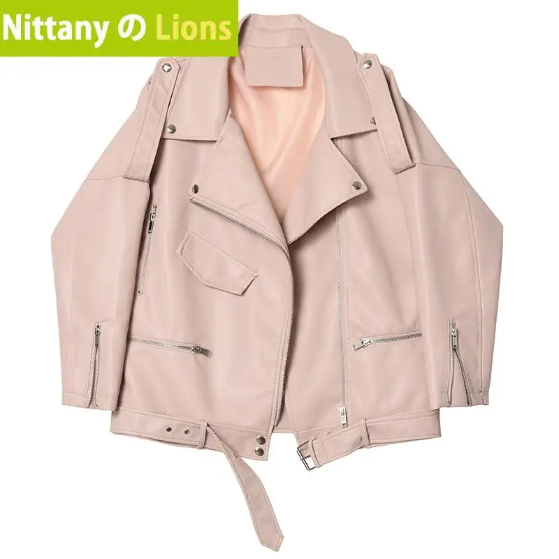 

Fitaylor Autumn Women Faux Soft Leather Loose Jacket Coat Turndown Collar Zipper Pu Motorcycle Overcoat Female Rivet Punk Jacket