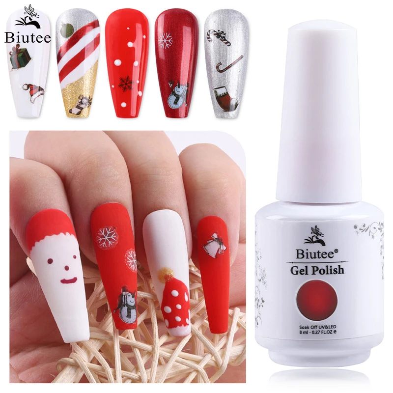 

Biutee 8ml Nail Gel Christmas Nails Polish Red Color Soak Off UV LED Gel Semi Permanent Vernis Manicure Glitter Varnish Lacquer