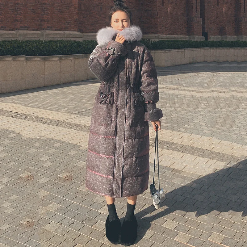 

Winter Women's Coat Long Starry Sky Purple White Duck Down Filling Thick Loose Hooded Large Fur Collar Casual New Quality Jacket