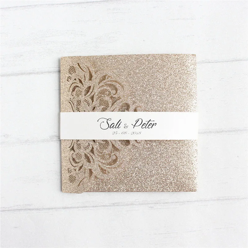 Роскошный золотой свадебный набор приглашений с RSVP обертывание живота полоса