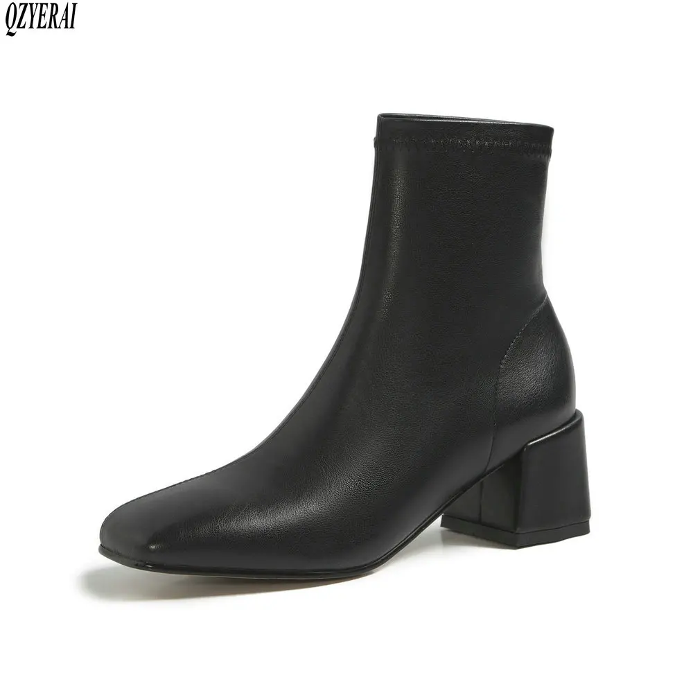 

QZYERAI/черные ботильоны женские ботинки из натуральной кожи женские ботинки осенне-зимняя женская обувь из воловьей кожи размеры 34-40