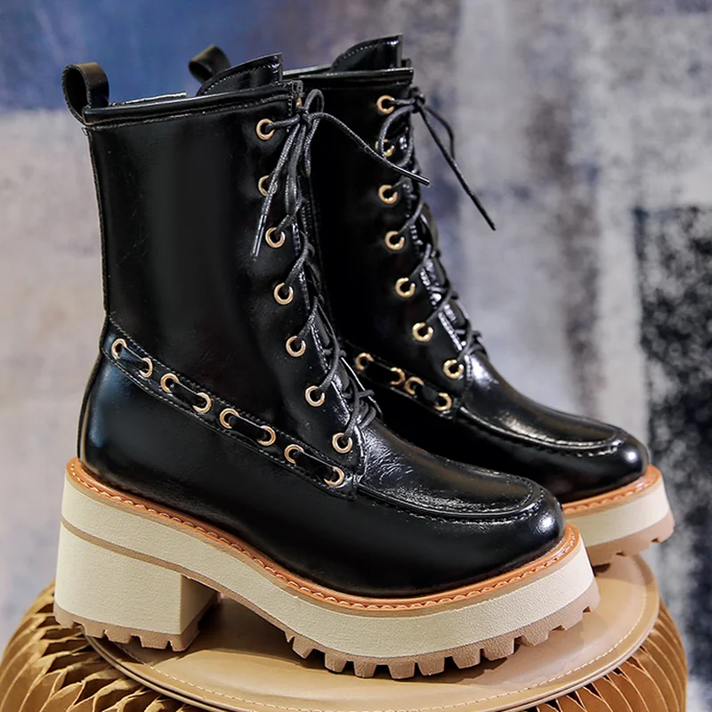 

2022 Women's Shoes PU Leather Ankle Boots Platform Women's Boots Round Toe Lace-up Winter Shoes Thin Section Mid-heel Boots Goth
