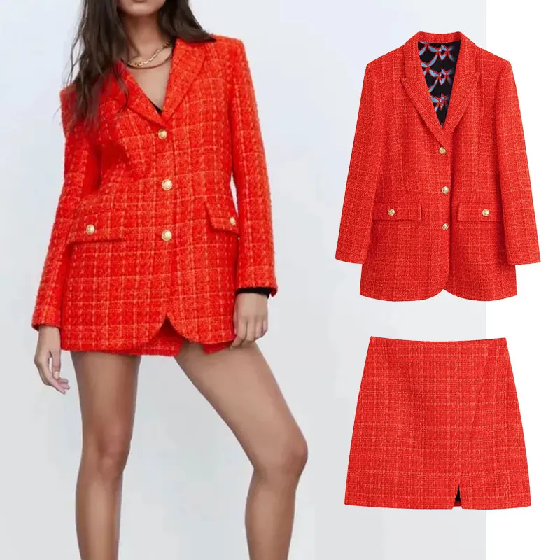

Женский твидовый костюм с юбкой Za, однобортный пиджак и юбка миди, офисный комплект из 2 предметов, 2021