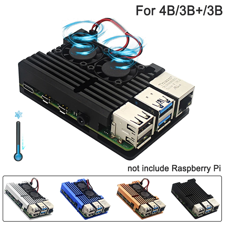 

Металлический чехол для Raspberry Pi 4 4B, защитный чехол с двумя охлаждающими вентиляторами из алюминиевого сплава для RPI 4/4B