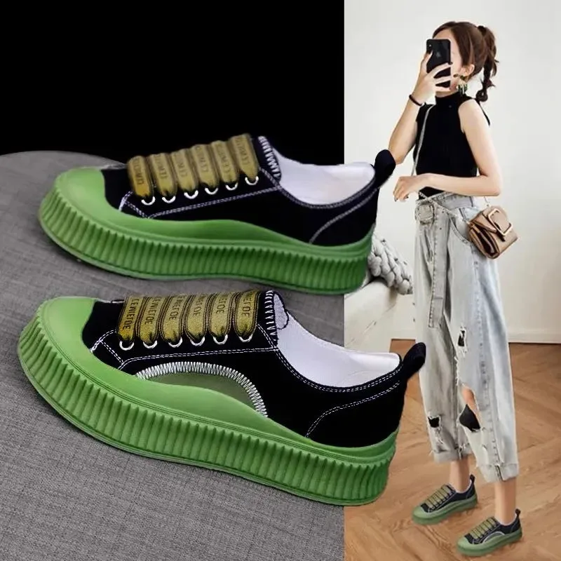 Round Head Lace-Up White Canvas Shoes Retro Non-Slip Green Platform Shoes High Quality Heighten Flat Casual Vulcanize Shoes