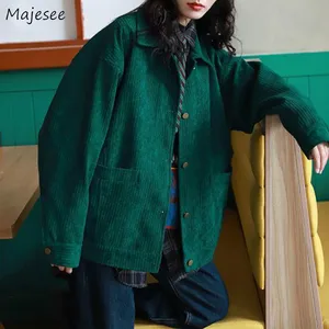 Basic Jackets Women Solid Green Corduroy Turn-down Collar Vintage Korean Style Elegant Bright Trendy in Pakistan