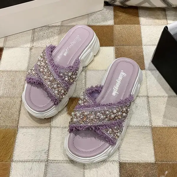 

String Bead Shoes Ladies' Slippers Glitter Slides Med Fashion Slipers Women Platform Jelly Flat Luxury 2021 Crystal Cotton Fa
