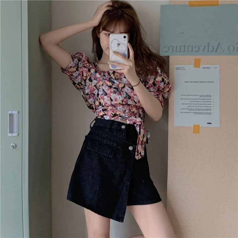 

Cropped Blouses Women Bow Square Collar Summer Print Sweet Lovely Slim Fashion Leisure Korean Version Puff Short Sleeve Tops New