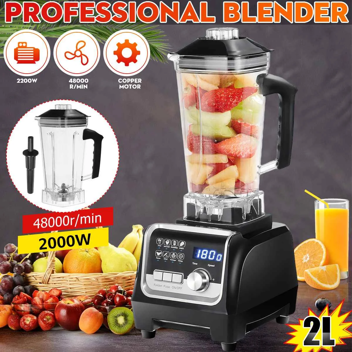 

BPA free 2L 2200W Heavy Duty Commercial Blender Timer Professional Blender Mixer Food Processor Juicer Ice Smoothie Machine