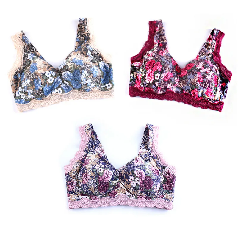 

Womens Lace Vest Bra Comfort Cotton Wire-Free Flower Print Bralette Lingerie Push Up Lightly Padded Removable Bra Bralette Top