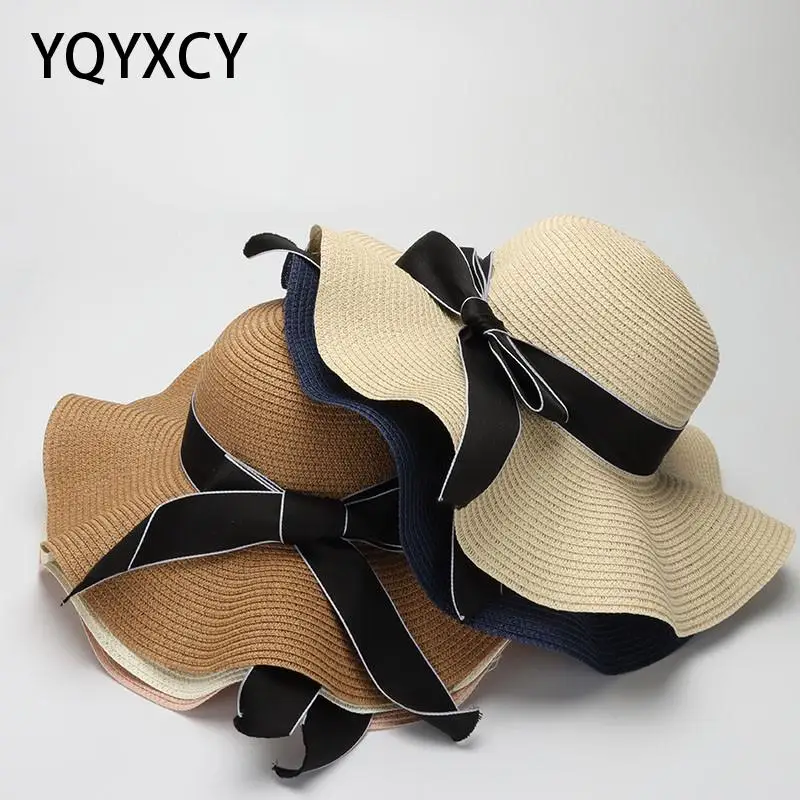 

YQYXCY New Summer Sun Hat Female Bow Ribbon Hat Visor Straw Hats Women's Sea Beach Vacation Leisure Sunscreen Panama Cap Sunhat